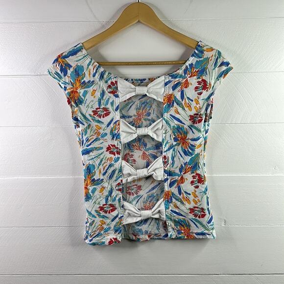 BLACK POPPY White‎ Blue Red Green Abstract Floral Bow Tie Back Shirt Top Size S - Picture 2 of 10